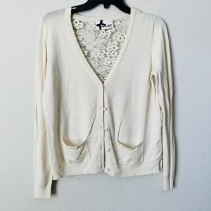 No Secrets Cream Lace Mesh Back Button Front Cardigan Sweater Sz 42